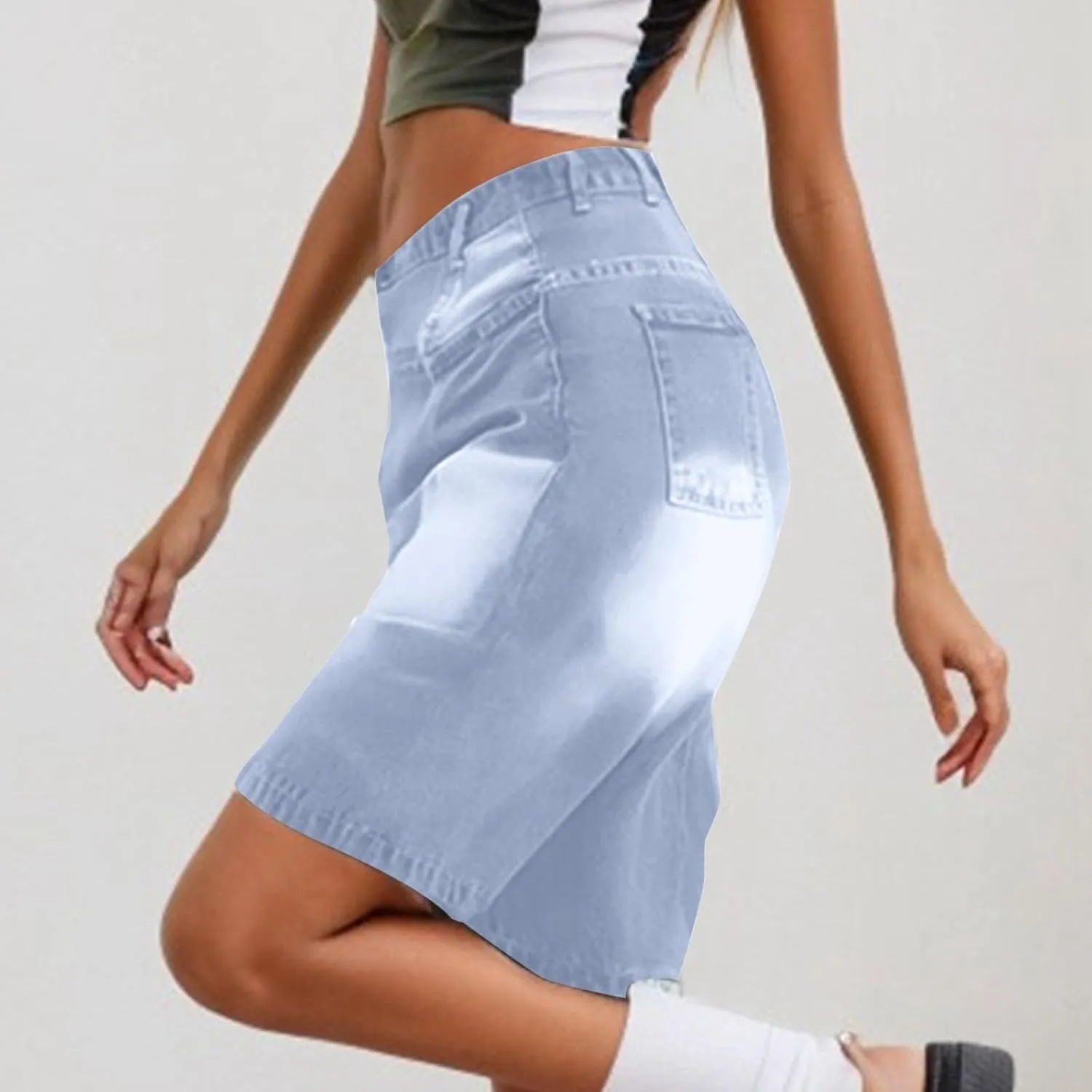 Womens High Waisted Stretch Bermuda Denim Shorts Knee Length Distressed Cutoffs, Loose Fit Casual Summer Jean Shorts