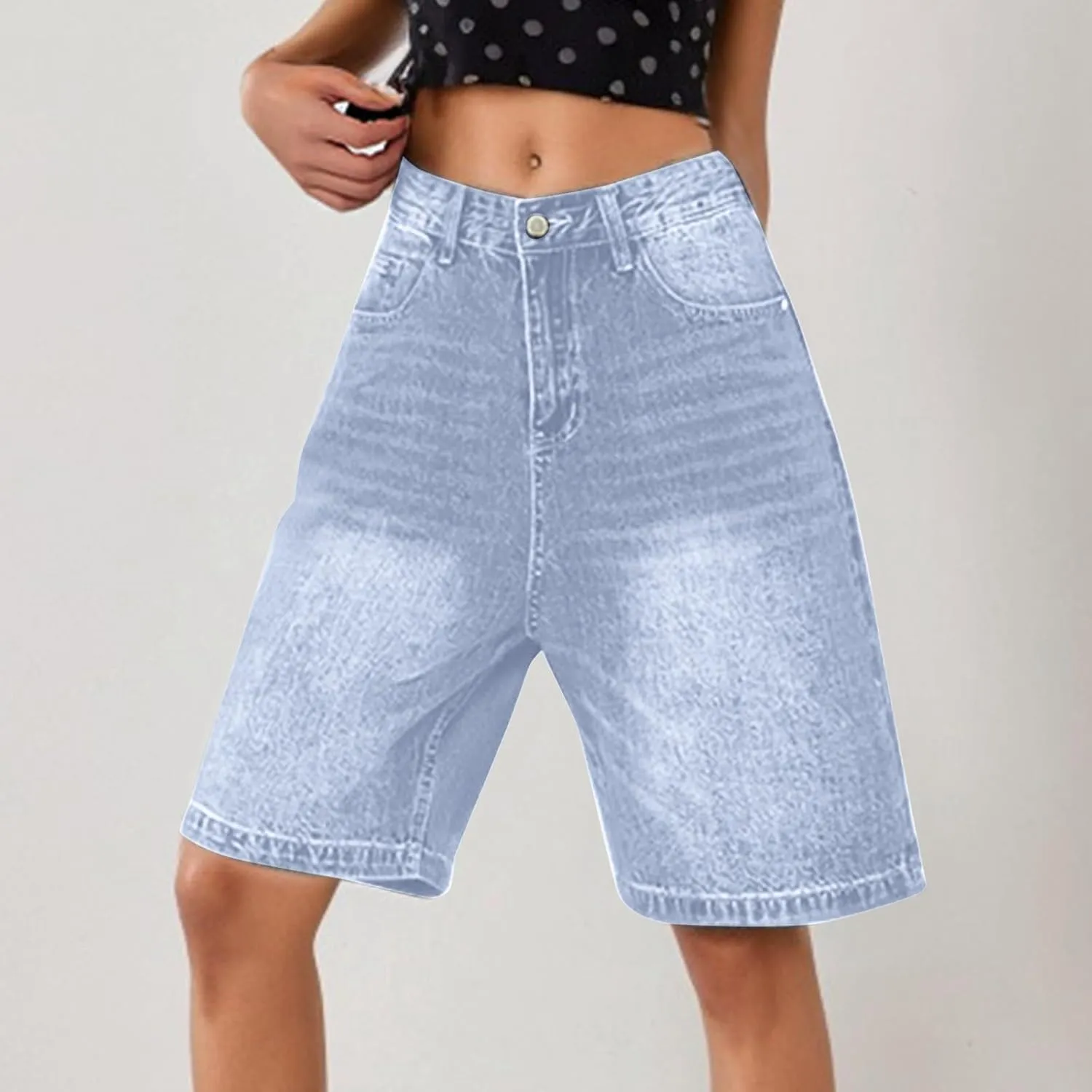 Womens High Waisted Stretch Bermuda Denim Shorts Knee Length Distressed Cutoffs, Loose Fit Casual Summer Jean Shorts