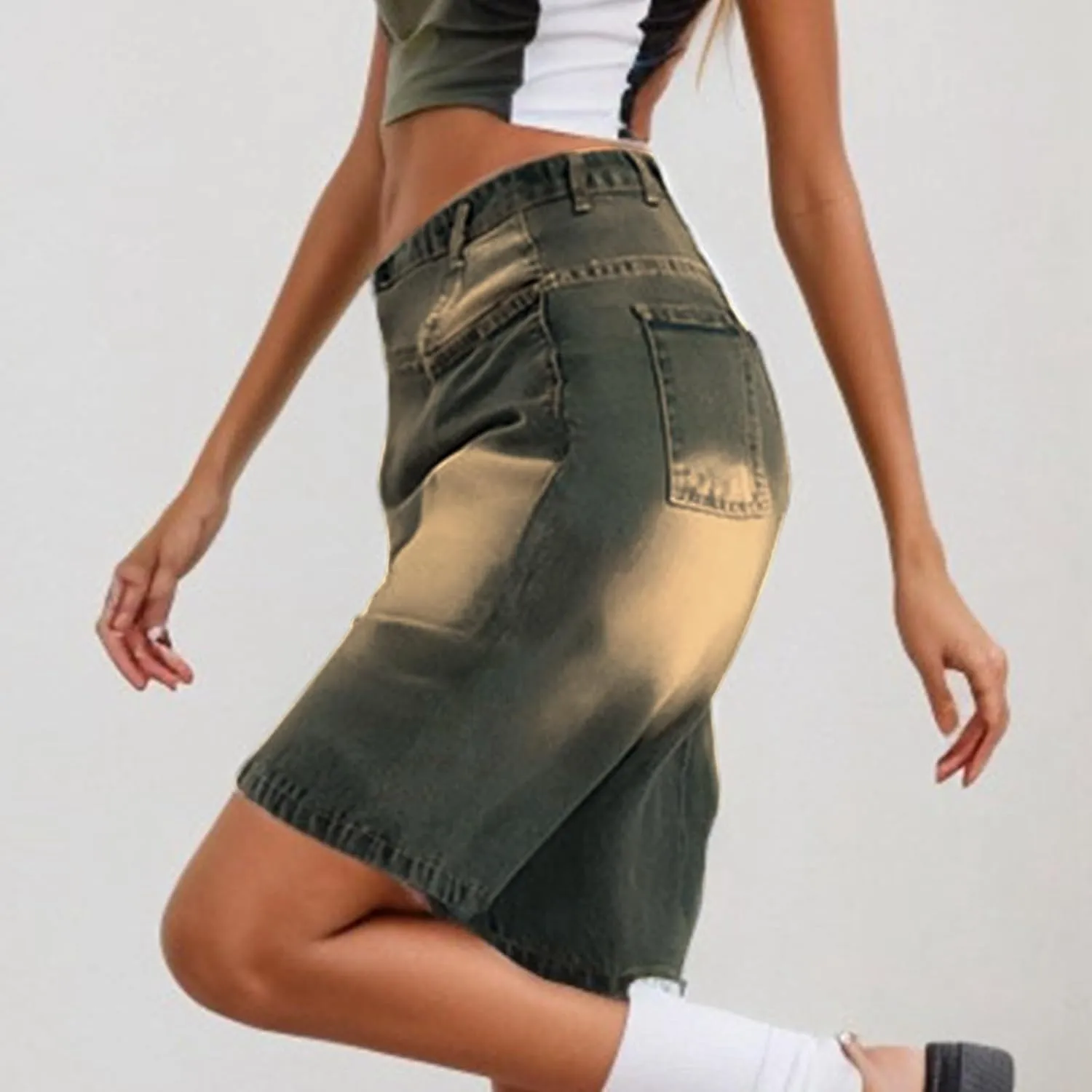 Womens High Waisted Stretch Bermuda Denim Shorts Knee Length Distressed Cutoffs, Loose Fit Casual Summer Jean Shorts