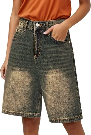 Womens High Waisted Stretch Bermuda Denim Shorts Knee Length Distressed Cutoffs, Loose Fit Casual Summer Jean Shorts