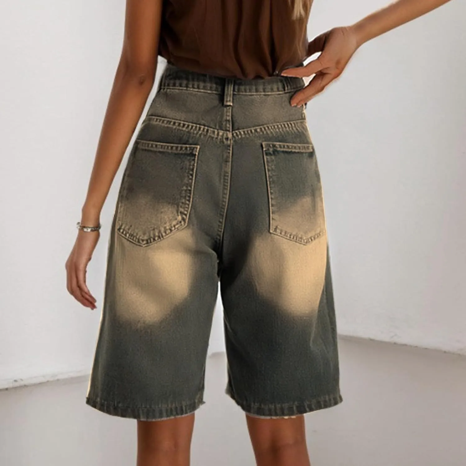 Womens High Waisted Stretch Bermuda Denim Shorts Knee Length Distressed Cutoffs, Loose Fit Casual Summer Jean Shorts