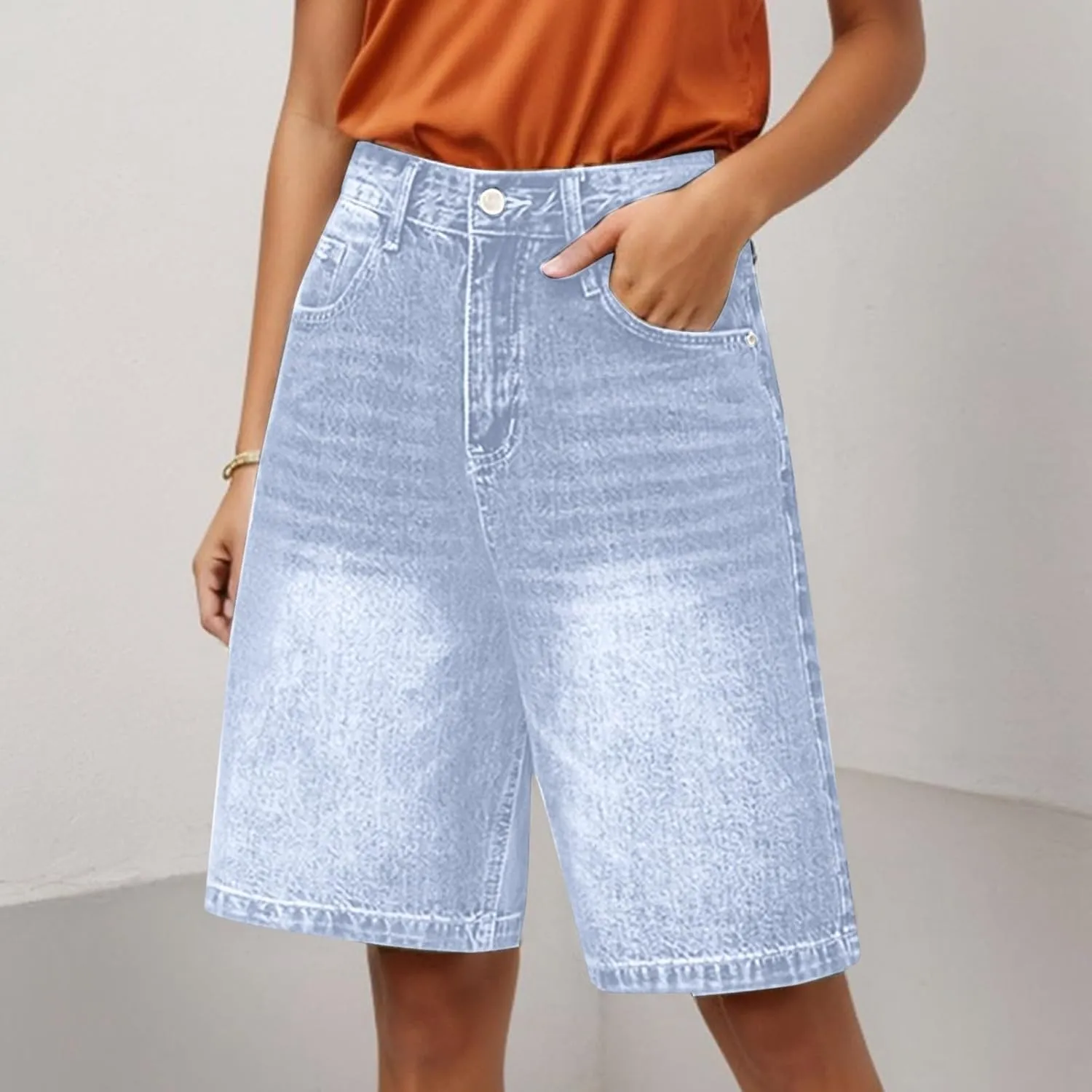 Womens High Waisted Stretch Bermuda Denim Shorts Knee Length Distressed Cutoffs, Loose Fit Casual Summer Jean Shorts