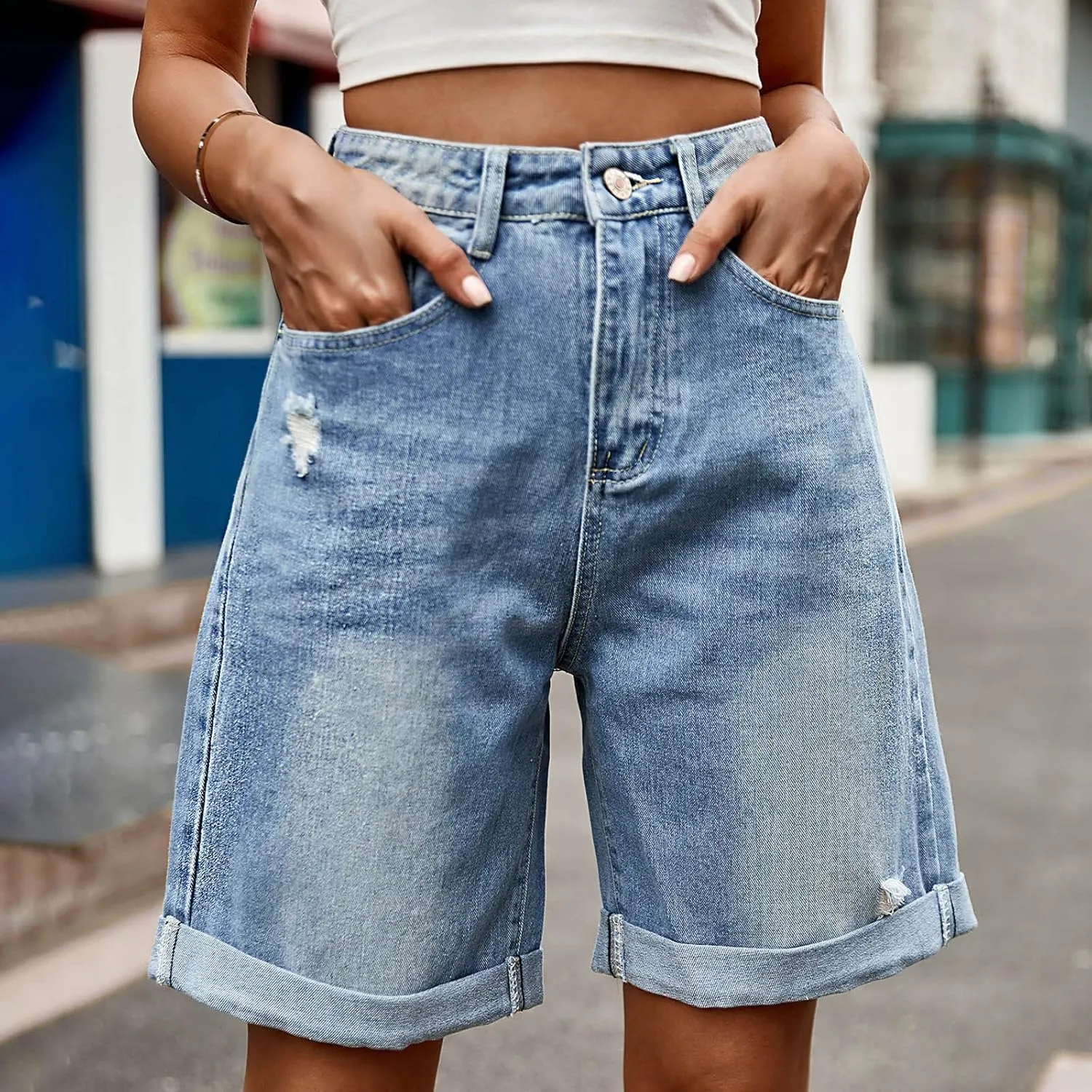 Womens Jean Shorts High Waisted Stretchy Trendy Casual Wide Leg Denim Shorts Loose Trendy Y2k Baggy Bermuda Shorts