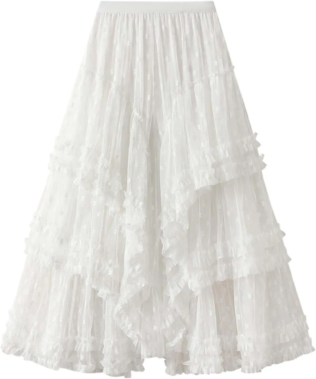 Women's Lace Tulle Maxi Skirt High Waisted Asymmetric Ruffle Flowy Boho Beach Wedding Guest Skirt Sheer Layered