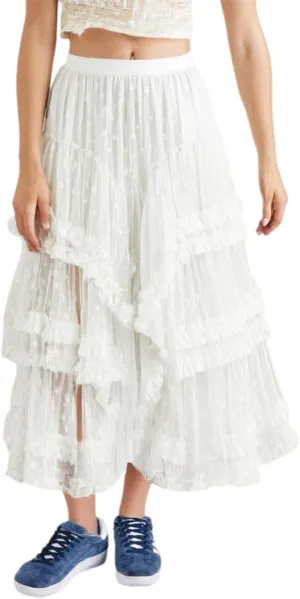Women's Lace Tulle Maxi Skirt High Waisted Asymmetric Ruffle Flowy Boho Beach Wedding Guest Skirt Sheer Layered