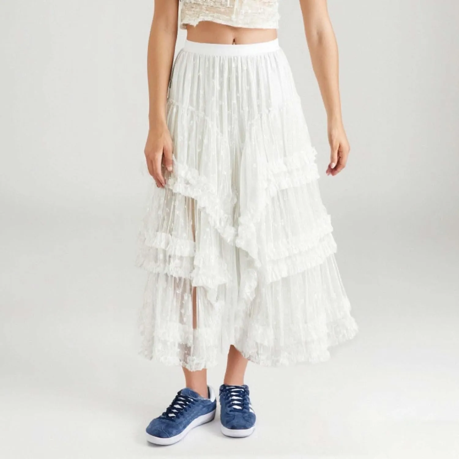 Women's Lace Tulle Maxi Skirt High Waisted Asymmetric Ruffle Flowy Boho Beach Wedding Guest Skirt Sheer Layered