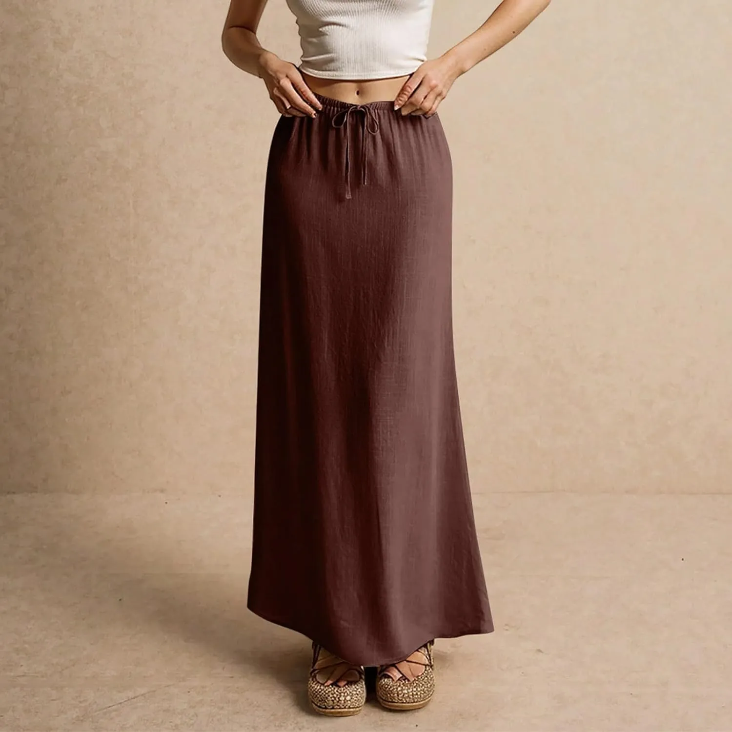 Womens Linen Maxi A-line Long Summer Skirt Elastic High Waist Flowy Skirt