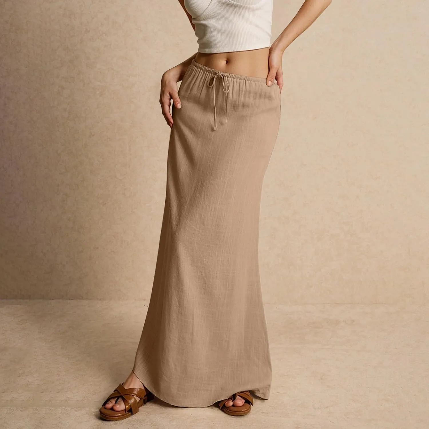 Womens Linen Maxi Skirt Elastic High Waist Swing Tiered A-line Flowy Pleated Beach Vacation Long Skirts