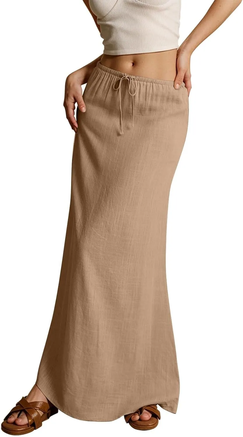 Womens Linen Maxi Skirt Elastic High Waist Swing Tiered A-line Flowy Pleated Beach Vacation Long Skirts