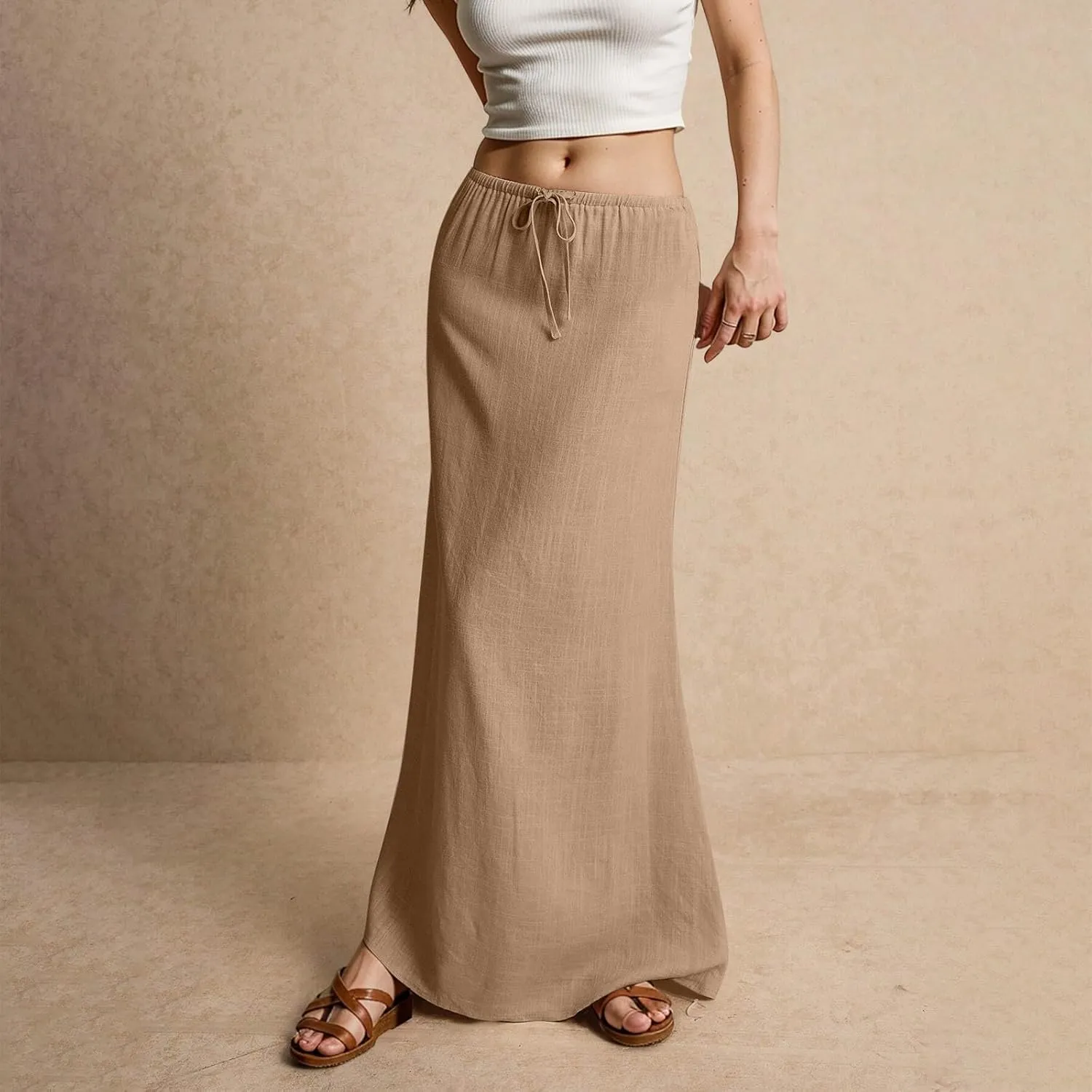 Womens Linen Maxi Skirt Elastic High Waist Swing Tiered A-line Flowy Pleated Beach Vacation Long Skirts