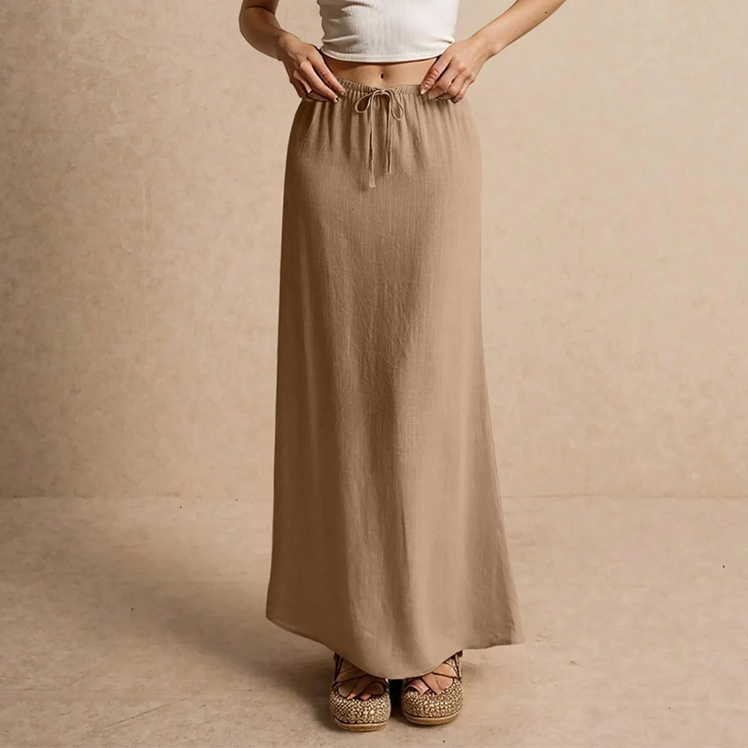 Womens Linen Maxi Skirt Elastic High Waist Swing Tiered A-line Flowy Pleated Beach Vacation Long Skirts