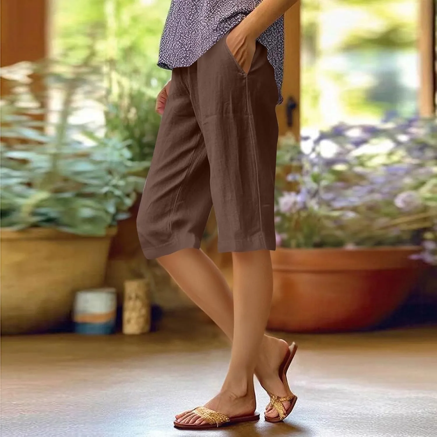 Women's Linen Pants Knee Length Bermuda Shorts Stretchy High Waisted Summer Capri Pants Side Split Button Short 2025
