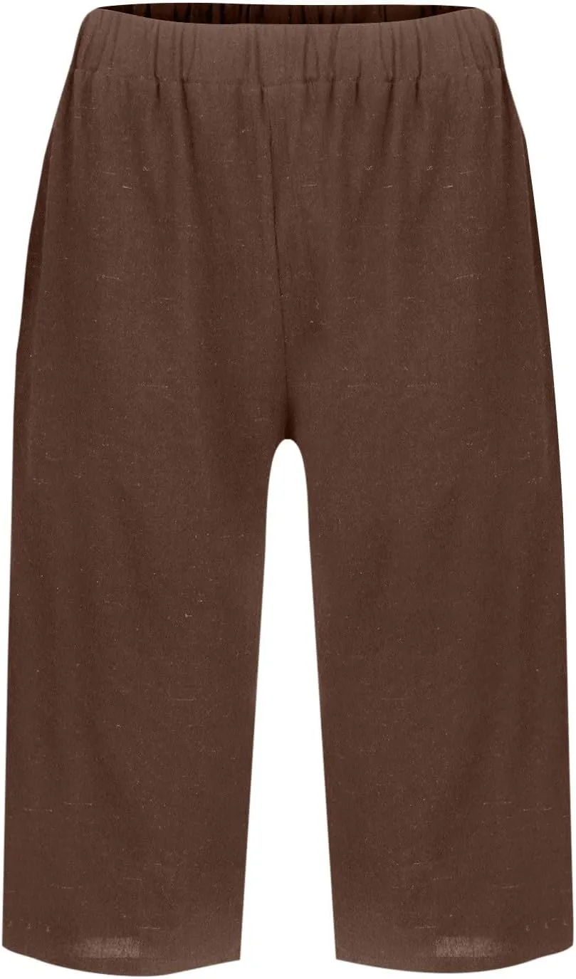 Women's Linen Pants Knee Length Bermuda Shorts Stretchy High Waisted Summer Capri Pants Side Split Button Short 2025