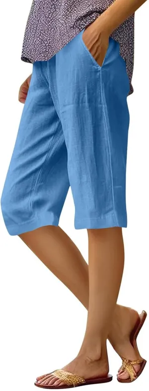 Women's Linen Pants Knee Length Bermuda Shorts Stretchy High Waisted Summer Capri Pants Side Split Button Short 2025