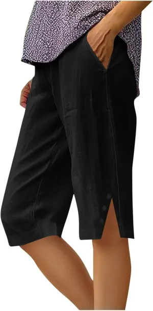 Women's Linen Pants Knee Length Bermuda Shorts Stretchy High Waisted Summer Capri Pants Side Split Button Short 2025