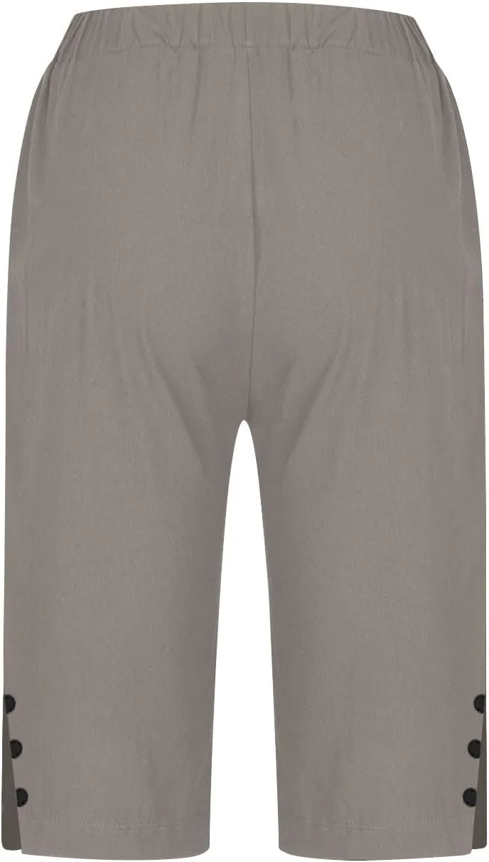 Women's Linen Pants Knee Length Bermuda Shorts Stretchy High Waisted Summer Capri Pants Side Split Button Short 2025