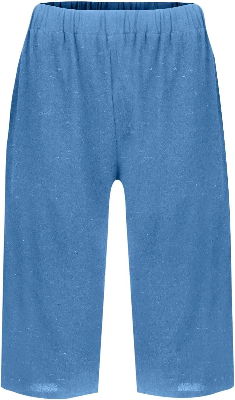 Women's Linen Pants Knee Length Bermuda Shorts Stretchy High Waisted Summer Capri Pants Side Split Button Short 2025