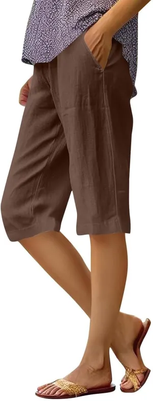 Women's Linen Pants Knee Length Bermuda Shorts Stretchy High Waisted Summer Capri Pants Side Split Button Short 2025
