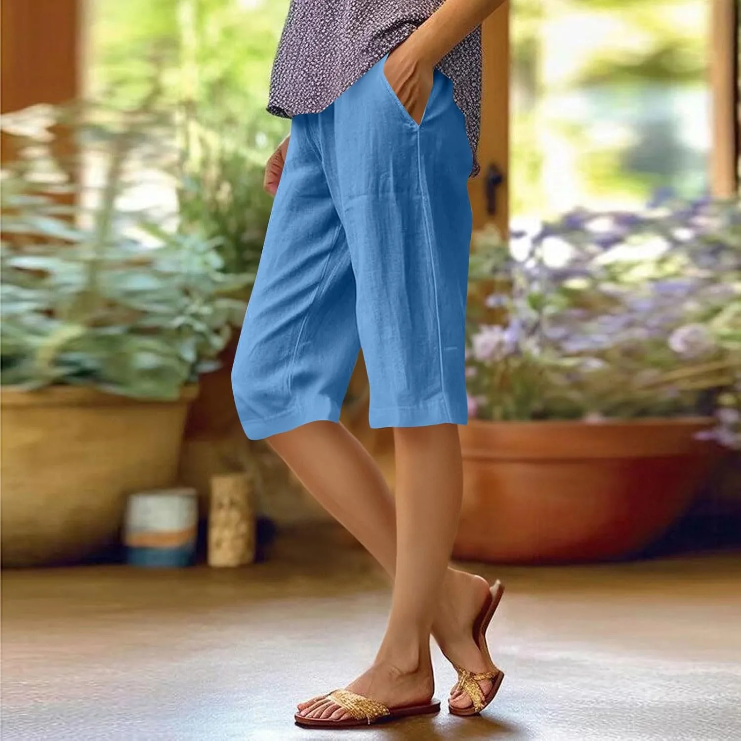 Women's Linen Pants Knee Length Bermuda Shorts Stretchy High Waisted Summer Capri Pants Side Split Button Short 2025