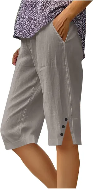 Women's Linen Pants Knee Length Bermuda Shorts Stretchy High Waisted Summer Capri Pants Side Split Button Short 2025