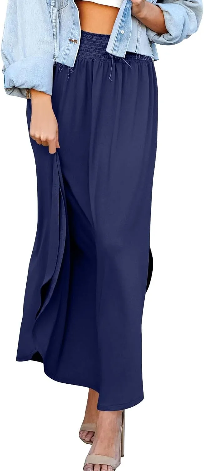 Women's Long Flowy Slit Skirt Elastic High Waisted A Line Maxi Skirts Trendy Beach Boho Skirt with Pockets