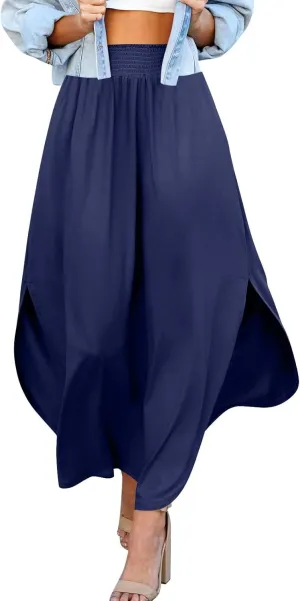 Women's Long Flowy Slit Skirt Elastic High Waisted A Line Maxi Skirts Trendy Beach Boho Skirt with Pockets