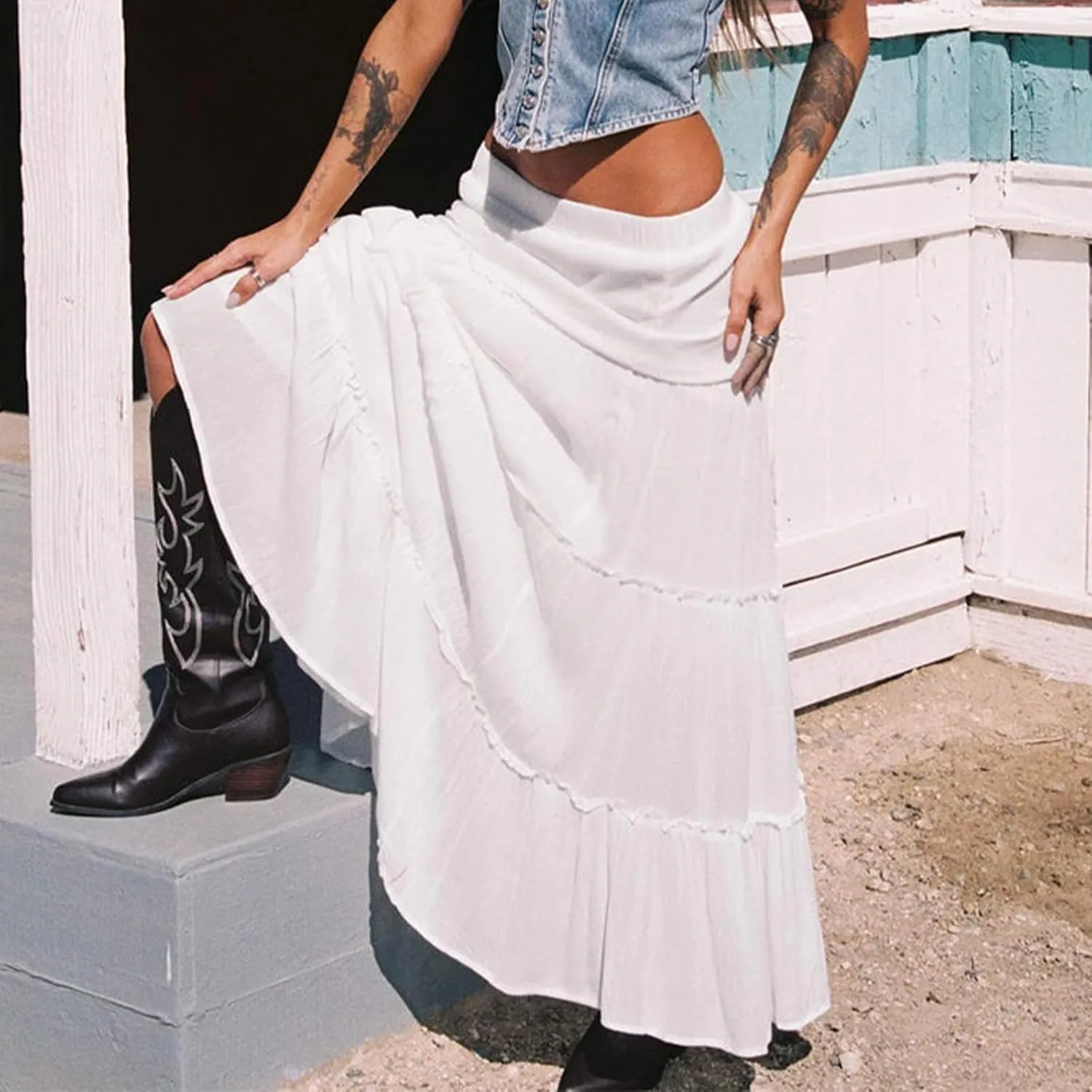 Women's Long Maxi Skirts Elastic High Waist Tiered Flowy Long Skirt Pleated Swing A-Line Maxi Summer Beach Skirt