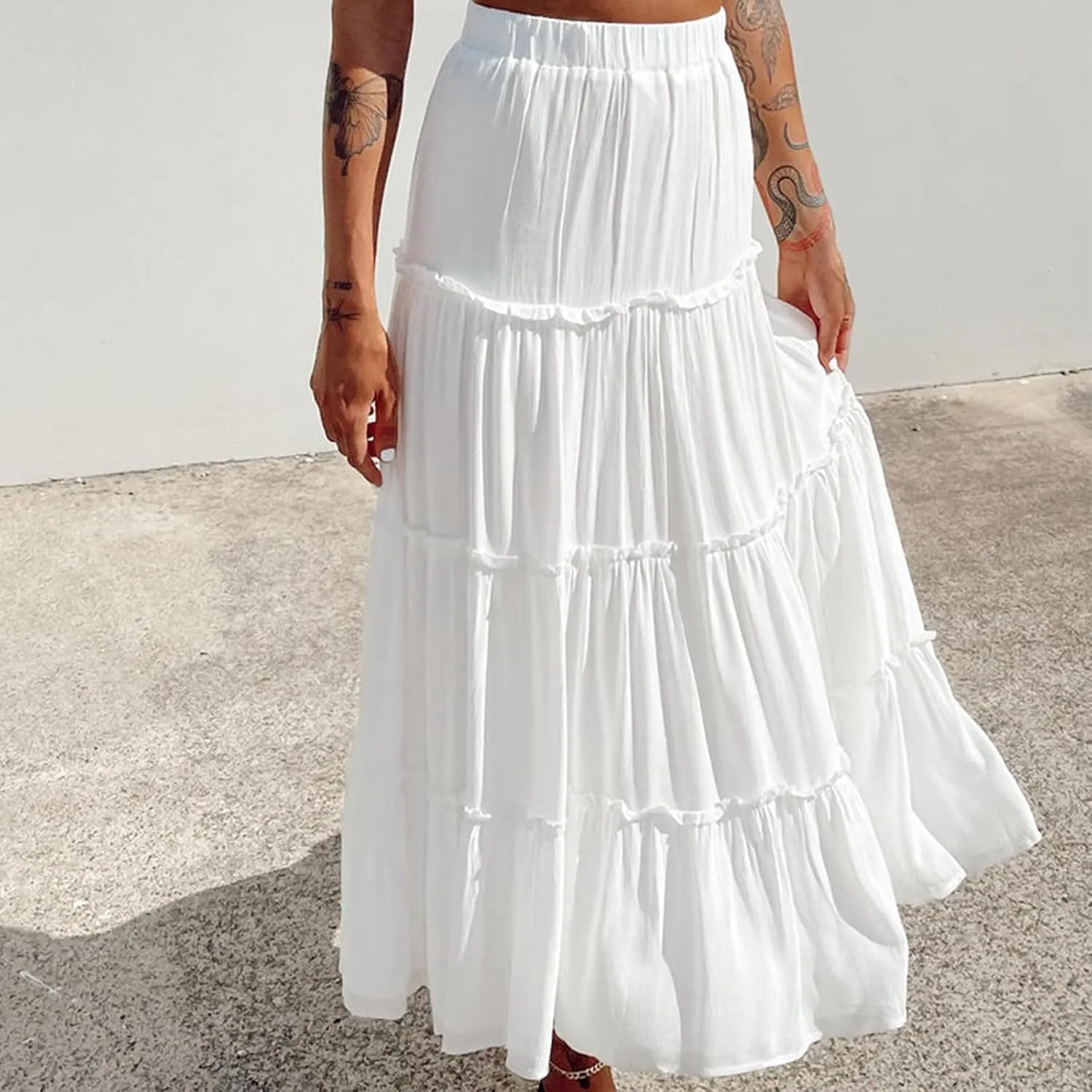 Women's Long Maxi Skirts Elastic High Waist Tiered Flowy Long Skirt Pleated Swing A-Line Maxi Summer Beach Skirt