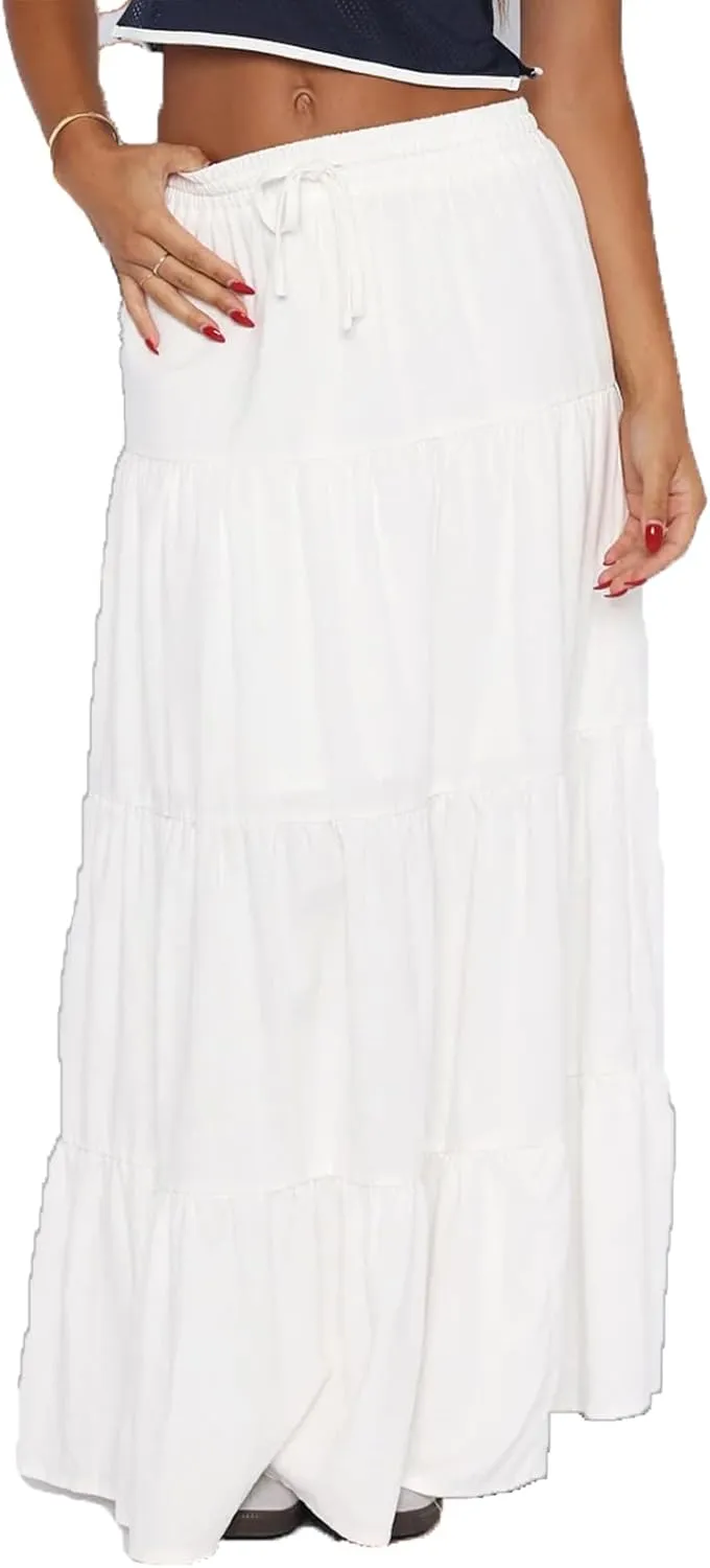 Women's Long Maxi Skirts Elastic High Waist Tiered Flowy Long Skirt Pleated Swing A-Line Maxi Summer Beach Skirt