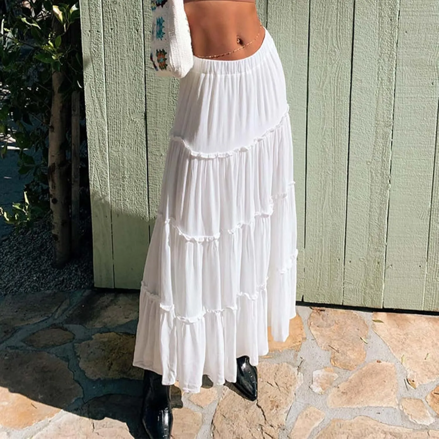 Women's Long Maxi Skirts Elastic High Waist Tiered Flowy Long Skirt Pleated Swing A-Line Maxi Summer Beach Skirt