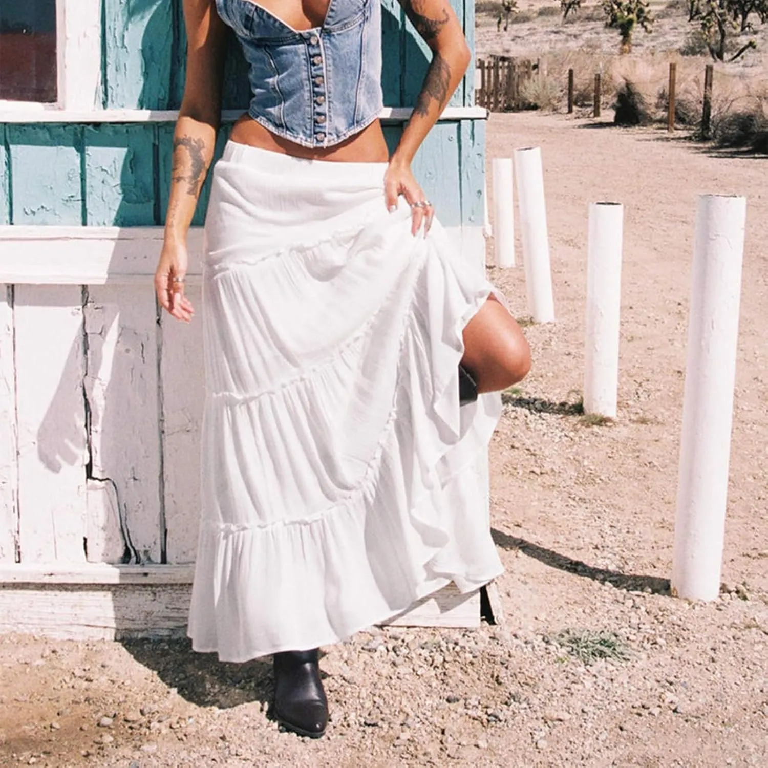 Women's Long Maxi Skirts Elastic High Waist Tiered Flowy Long Skirt Pleated Swing A-Line Maxi Summer Beach Skirt