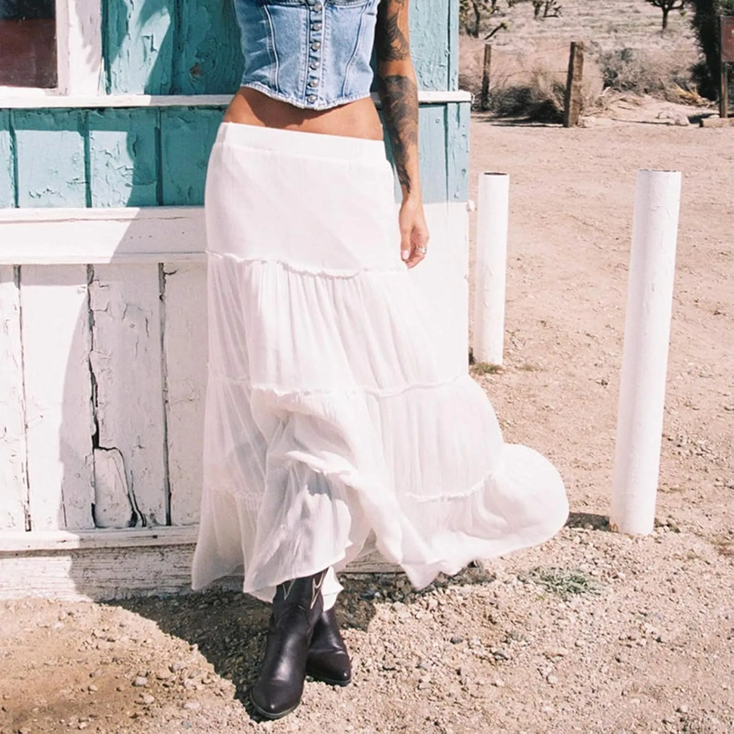 Women's Long Maxi Skirts Elastic High Waist Tiered Flowy Long Skirt Pleated Swing A-Line Maxi Summer Beach Skirt