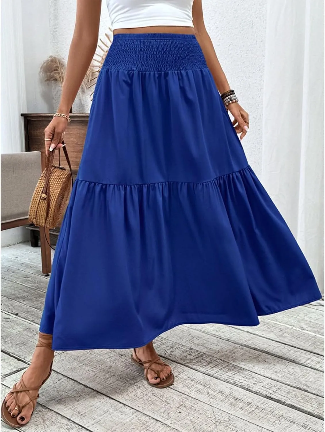 Women's Long Skirts Boho Swing Solid Stretch High Waist Tiered A-Line Maxi Skirt with Pockets, S-XL