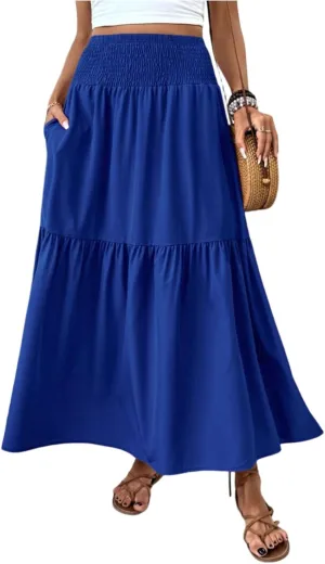 Women's Long Skirts Boho Swing Solid Stretch High Waist Tiered A-Line Maxi Skirt with Pockets, S-XL