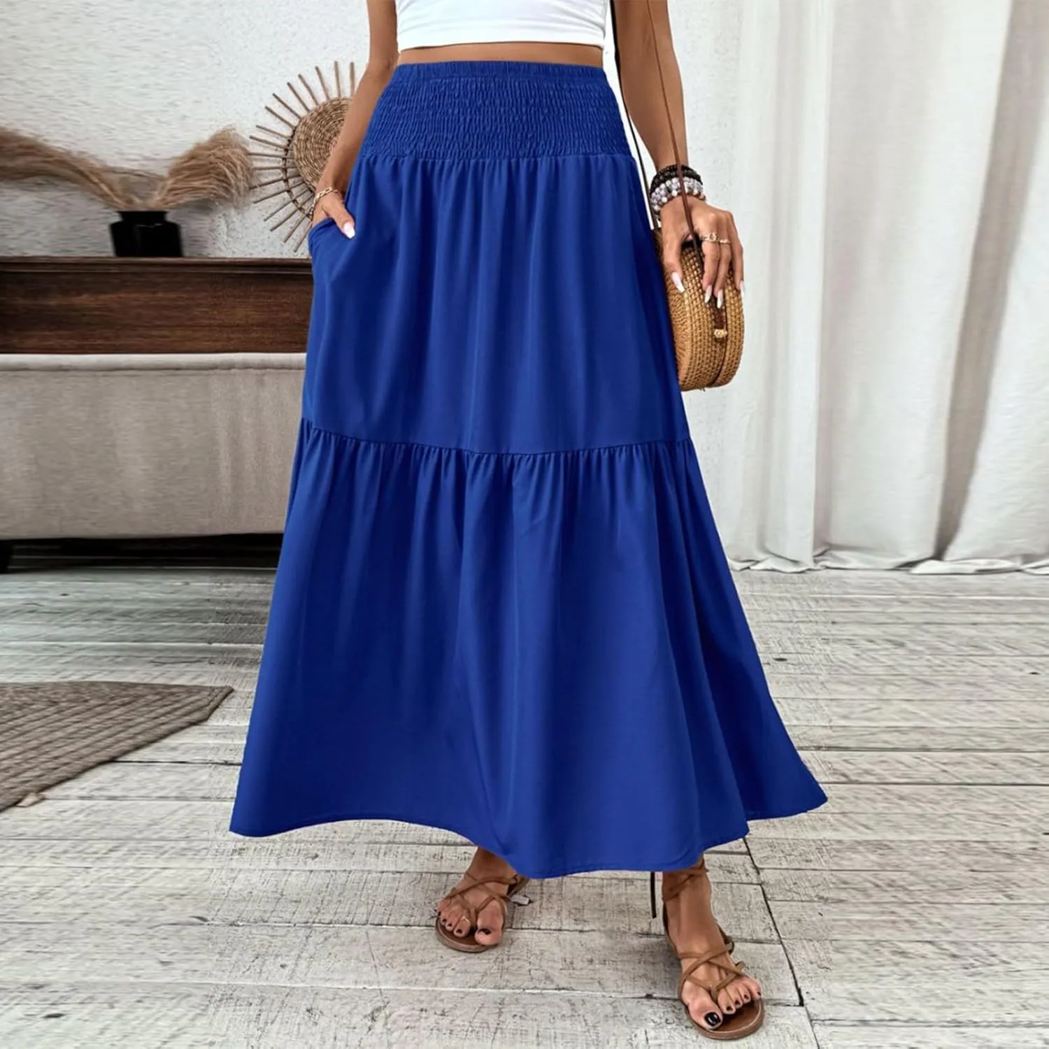 Women's Long Skirts Boho Swing Solid Stretch High Waist Tiered A-Line Maxi Skirt with Pockets, S-XL