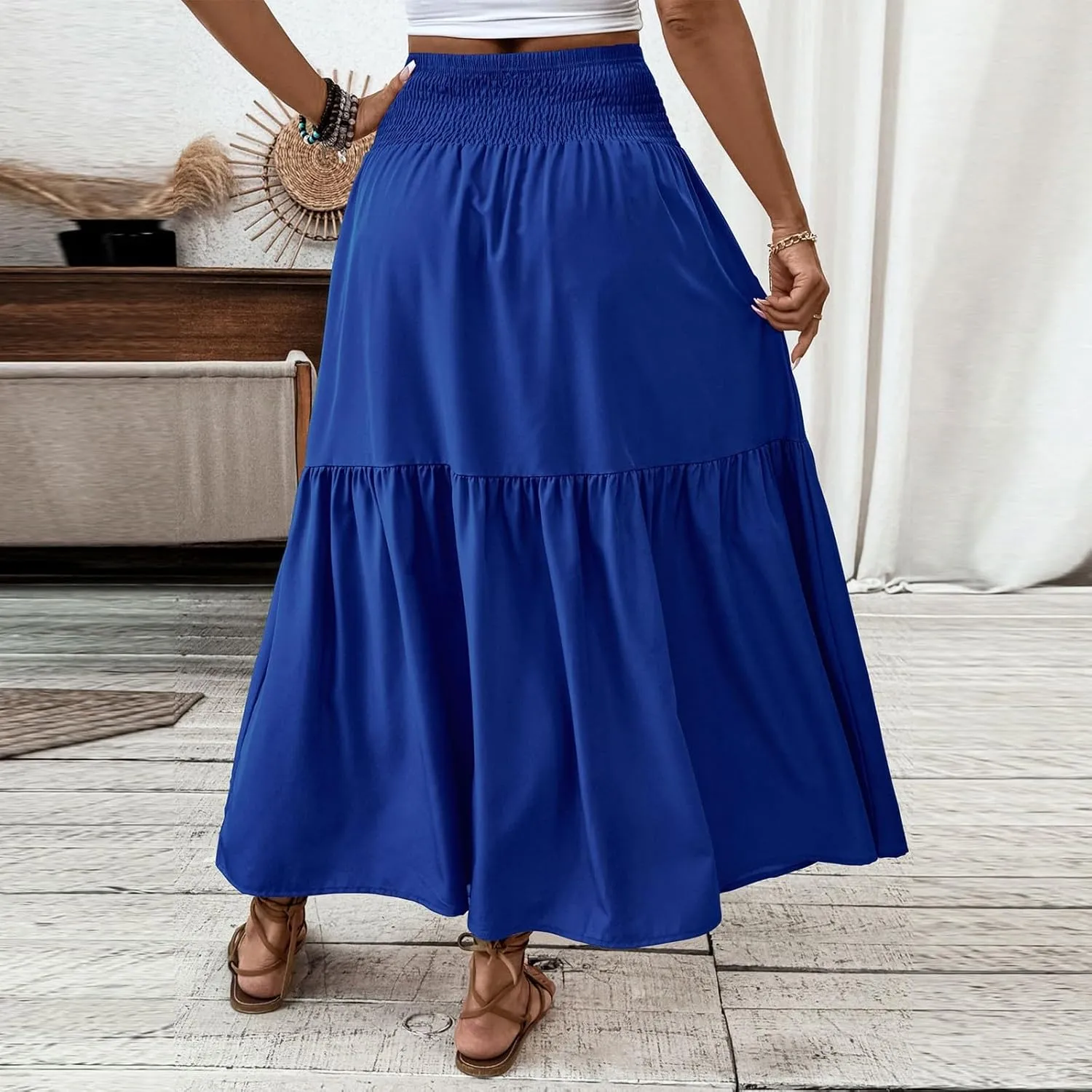 Women's Long Skirts Boho Swing Solid Stretch High Waist Tiered A-Line Maxi Skirt with Pockets, S-XL