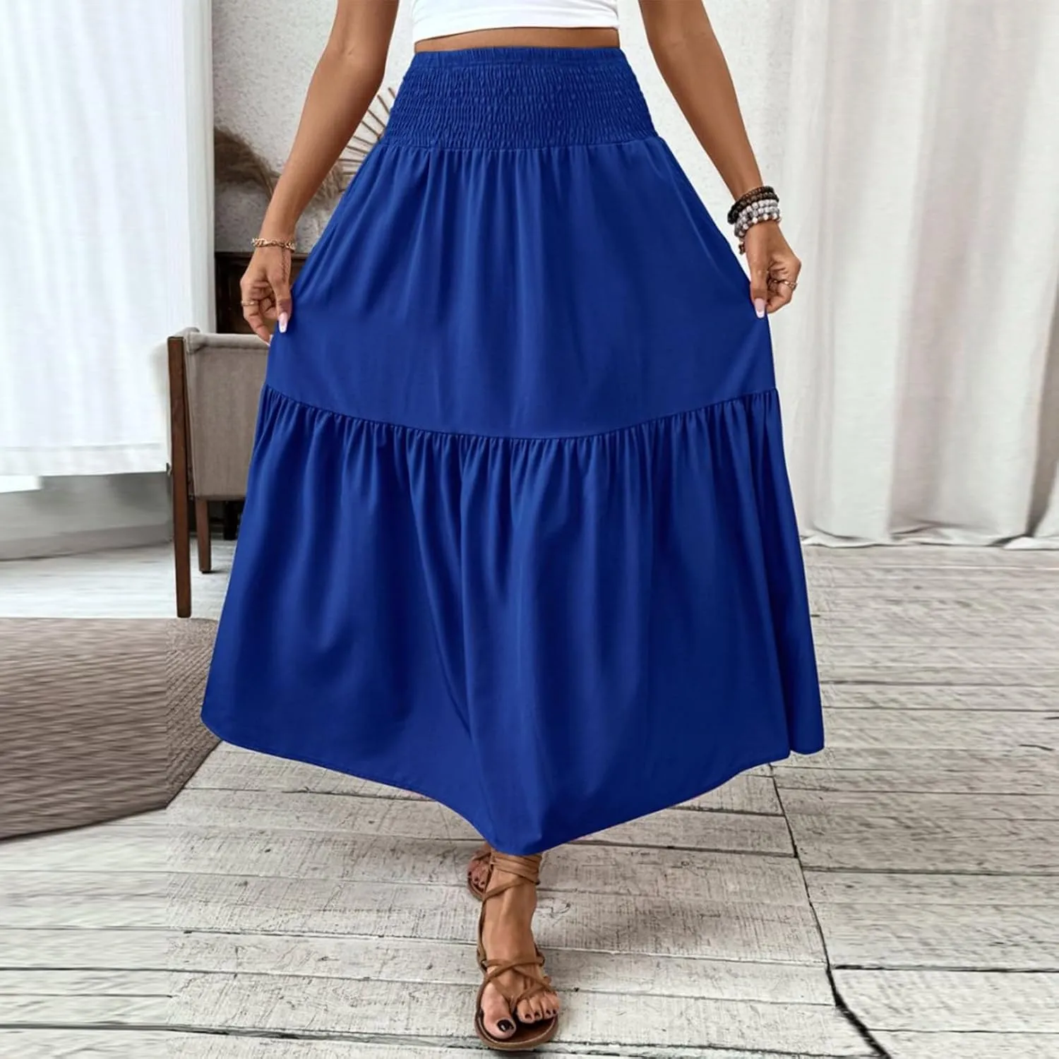 Women's Long Skirts Boho Swing Solid Stretch High Waist Tiered A-Line Maxi Skirt with Pockets, S-XL