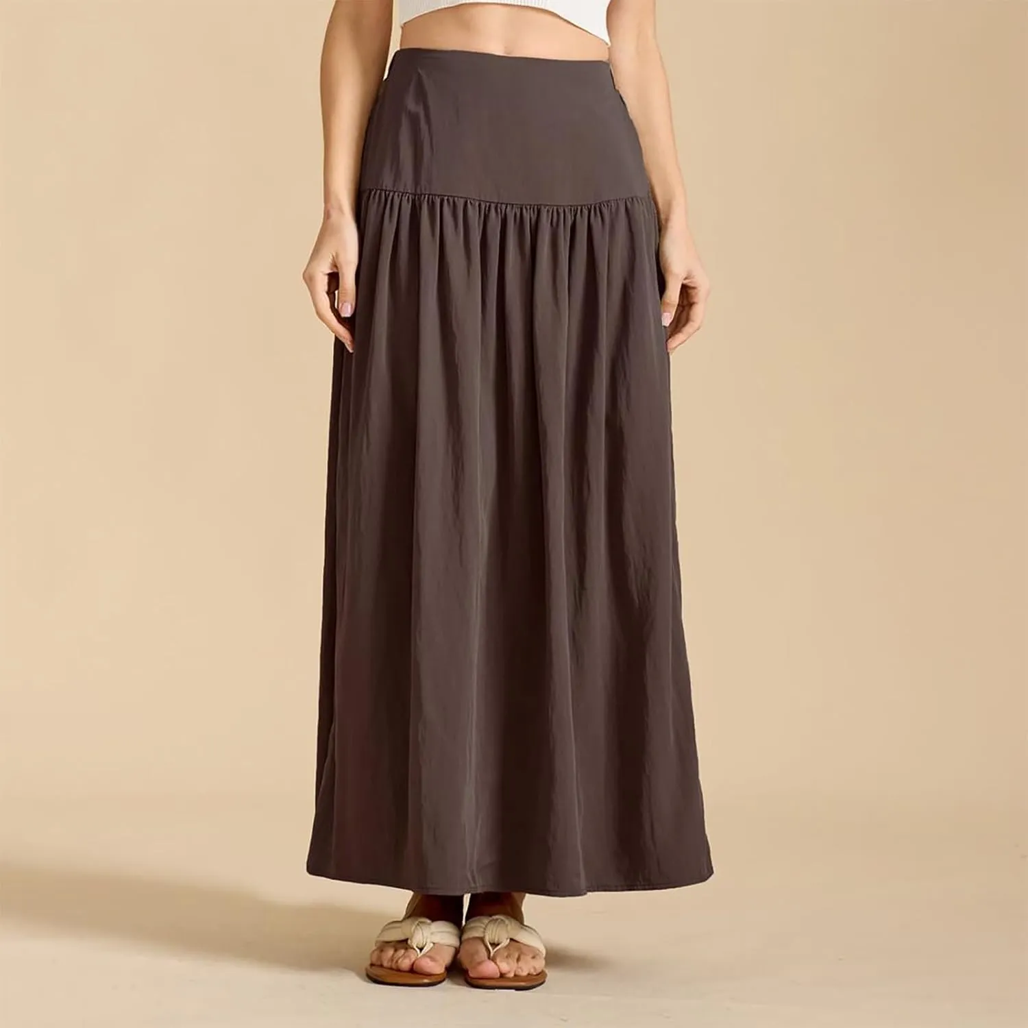 Women's Long Skirts Dressy Casual Maxi Skirt Summer Solid Color High Waist Pleated Wedding Guest Clothes with Pocket