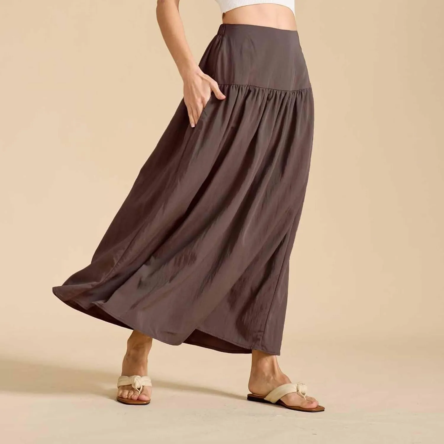 Women's Long Skirts Dressy Casual Maxi Skirt Summer Solid Color High Waist Pleated Wedding Guest Clothes with Pocket