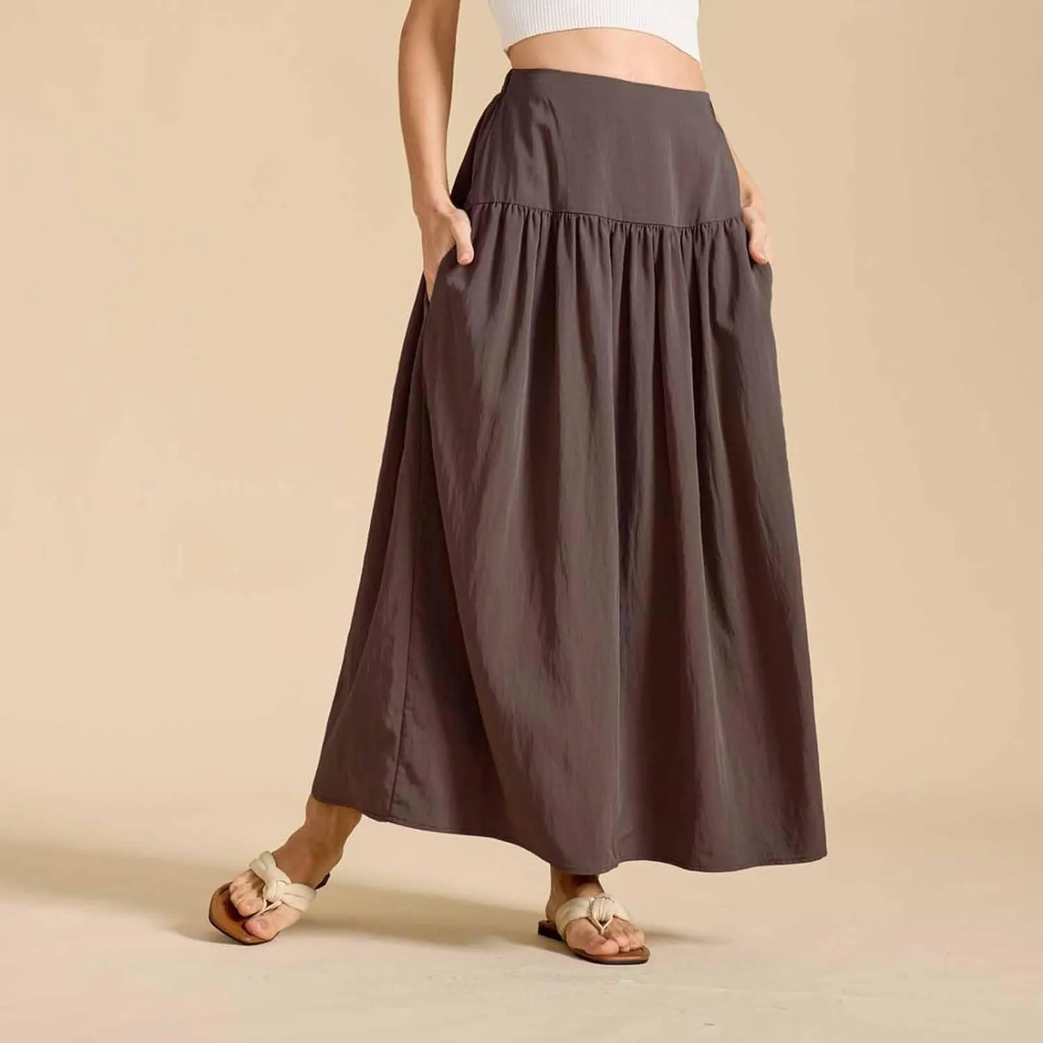 Women's Long Skirts Dressy Casual Maxi Skirt Summer Solid Color High Waist Pleated Wedding Guest Clothes with Pocket