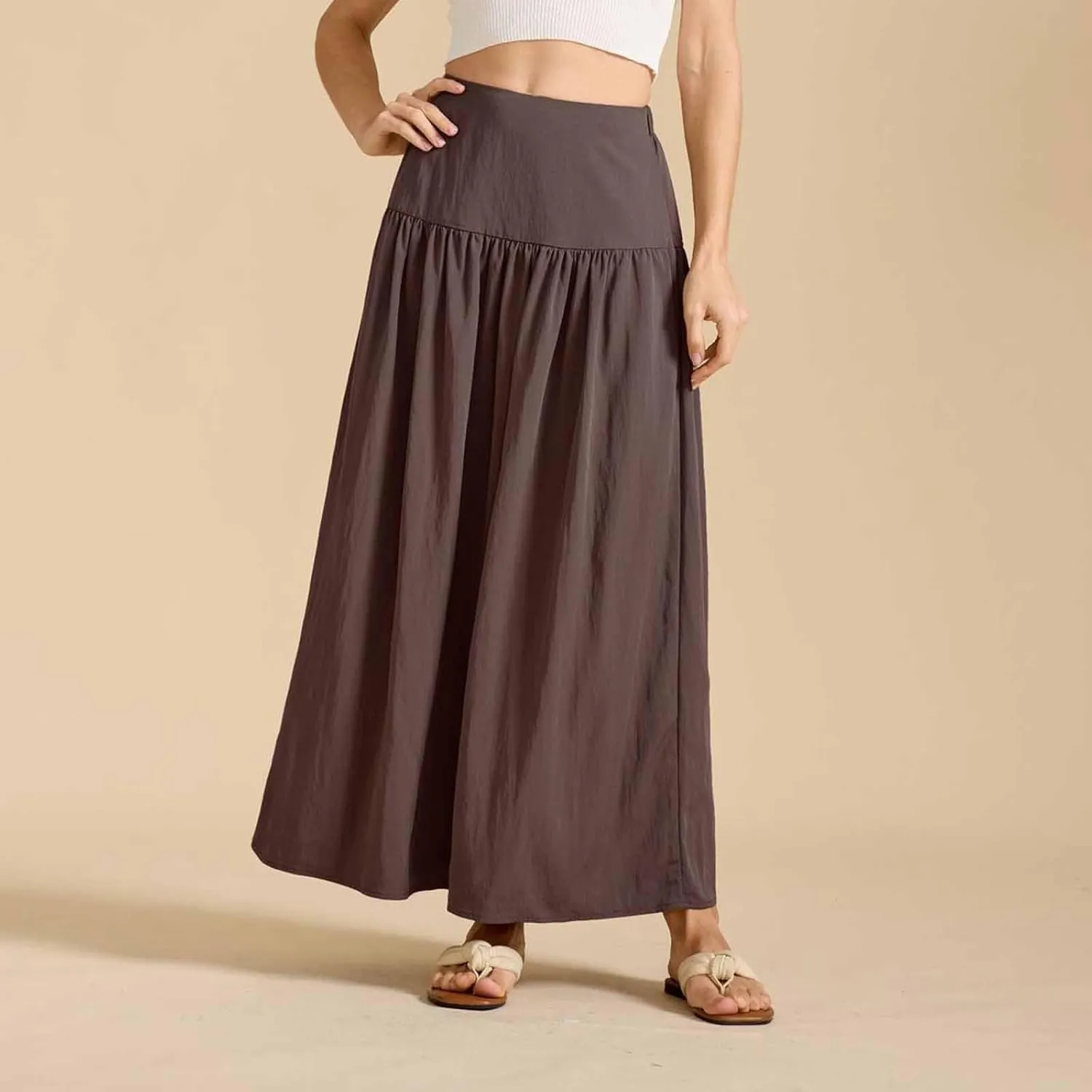 Women's Long Skirts Dressy Casual Maxi Skirt Summer Solid Color High Waist Pleated Wedding Guest Clothes with Pocket