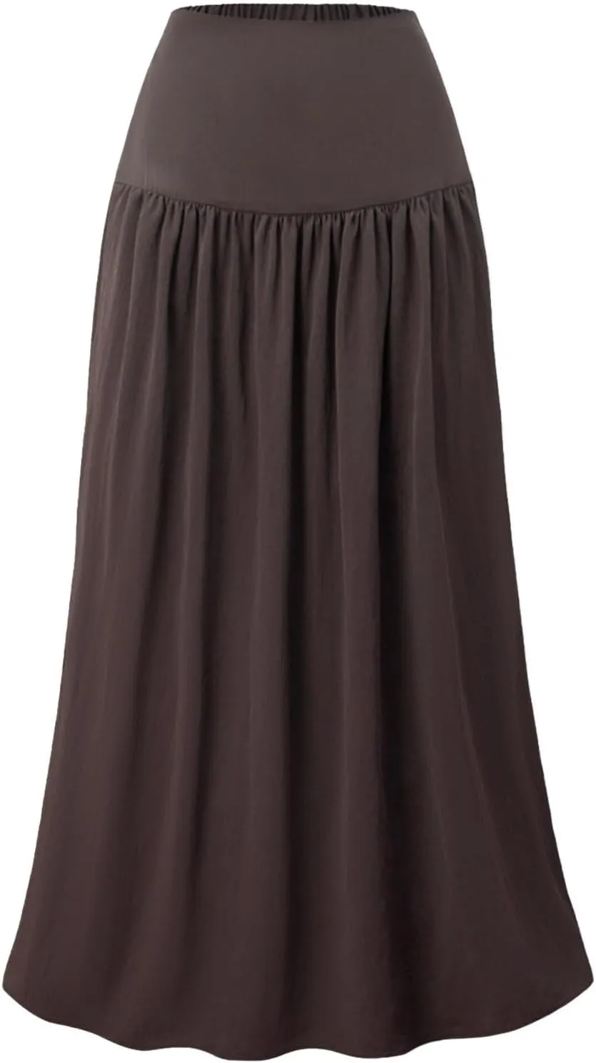 Women's Long Skirts Dressy Casual Maxi Skirt Summer Solid Color High Waist Pleated Wedding Guest Clothes with Pocket
