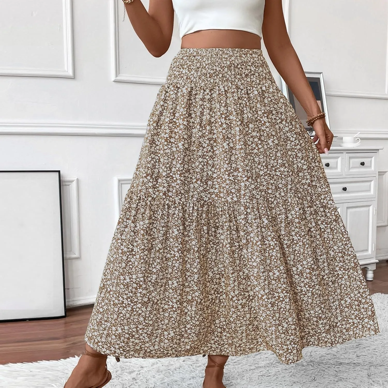 Womens Maxi Skirt Floral Boho Elastic High Waist Drawstring Pleated Beach Skirt A-Line Flowy Tiered Long Skirts