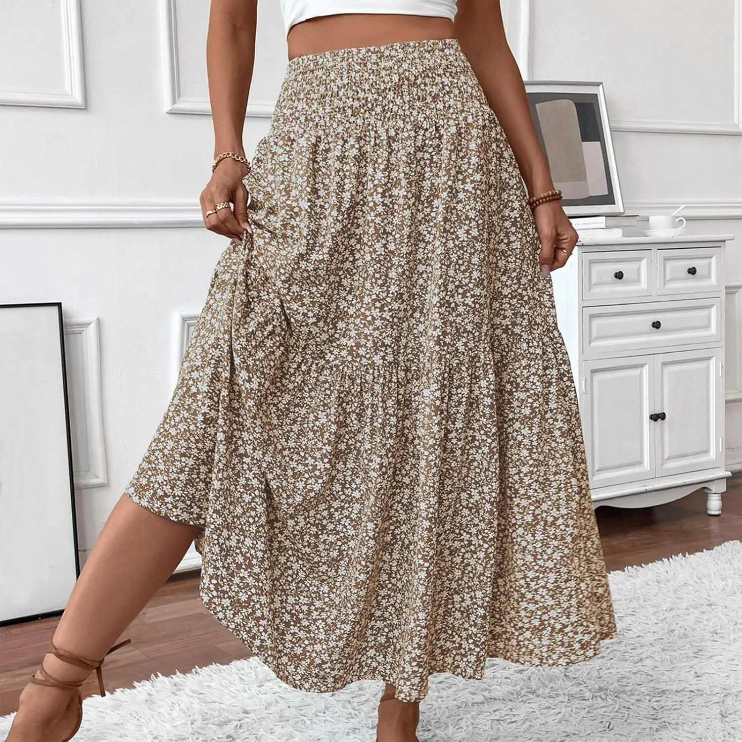 Womens Maxi Skirt Floral Boho Elastic High Waist Drawstring Pleated Beach Skirt A-Line Flowy Tiered Long Skirts