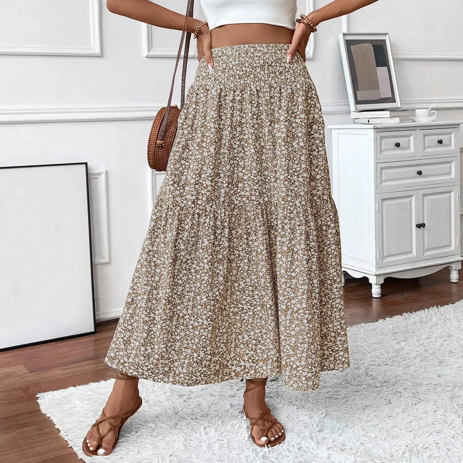 Womens Maxi Skirt Floral Boho Elastic High Waist Drawstring Pleated Beach Skirt A-Line Flowy Tiered Long Skirts