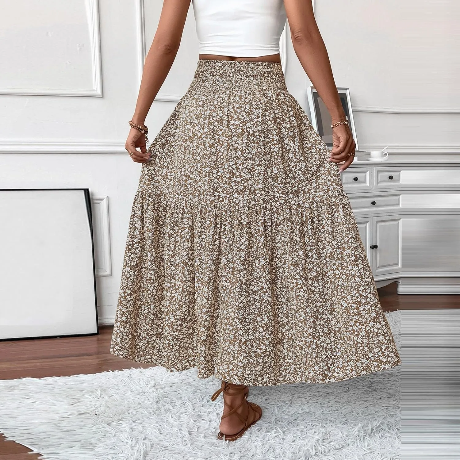 Womens Maxi Skirt Floral Boho Elastic High Waist Drawstring Pleated Beach Skirt A-Line Flowy Tiered Long Skirts