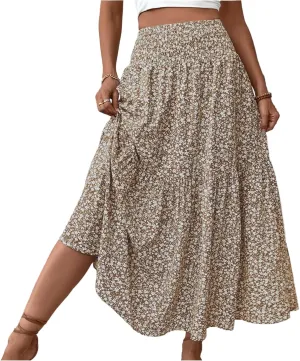 Womens Maxi Skirt Floral Boho Elastic High Waist Drawstring Pleated Beach Skirt A-Line Flowy Tiered Long Skirts