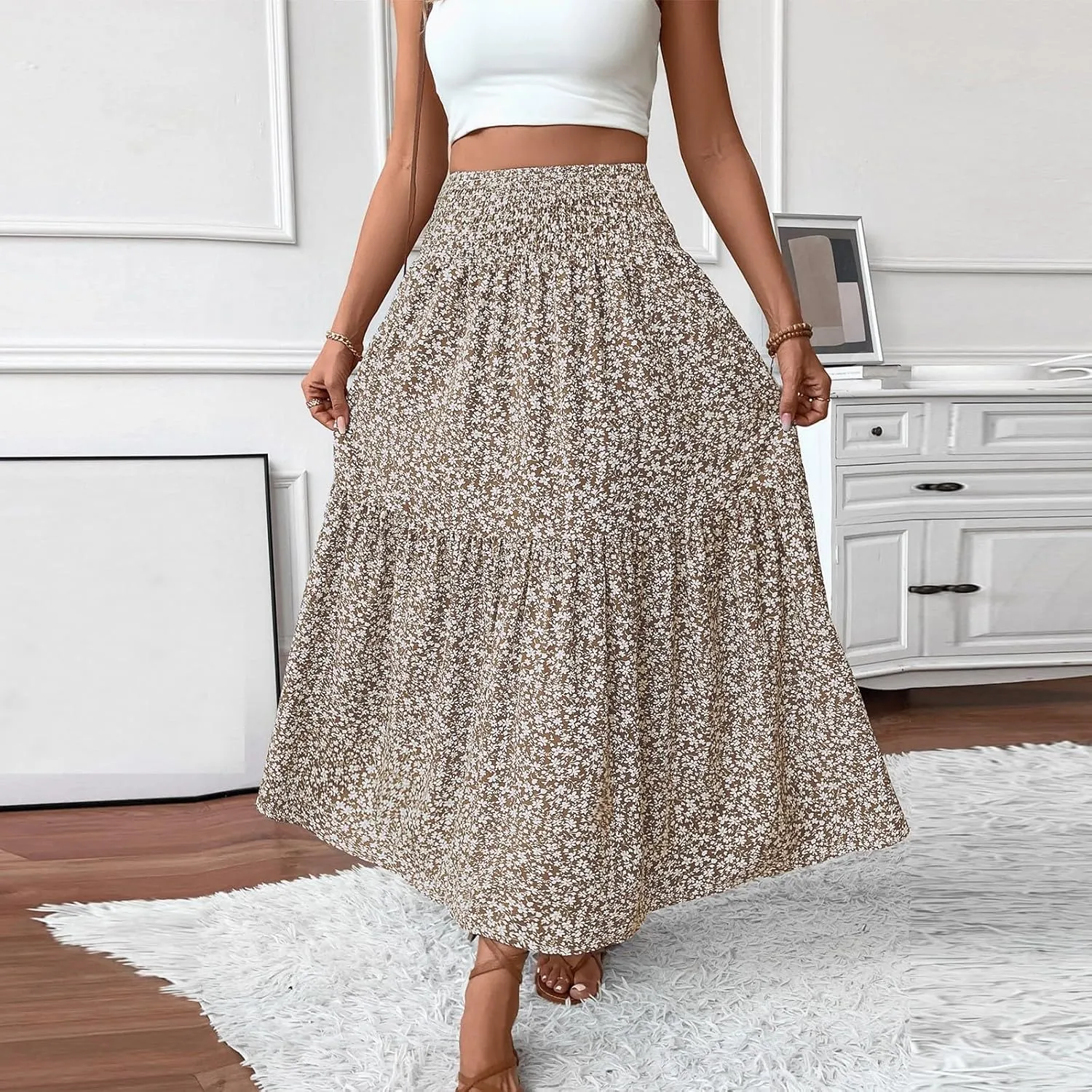 Womens Maxi Skirt Floral Boho Elastic High Waist Drawstring Pleated Beach Skirt A-Line Flowy Tiered Long Skirts
