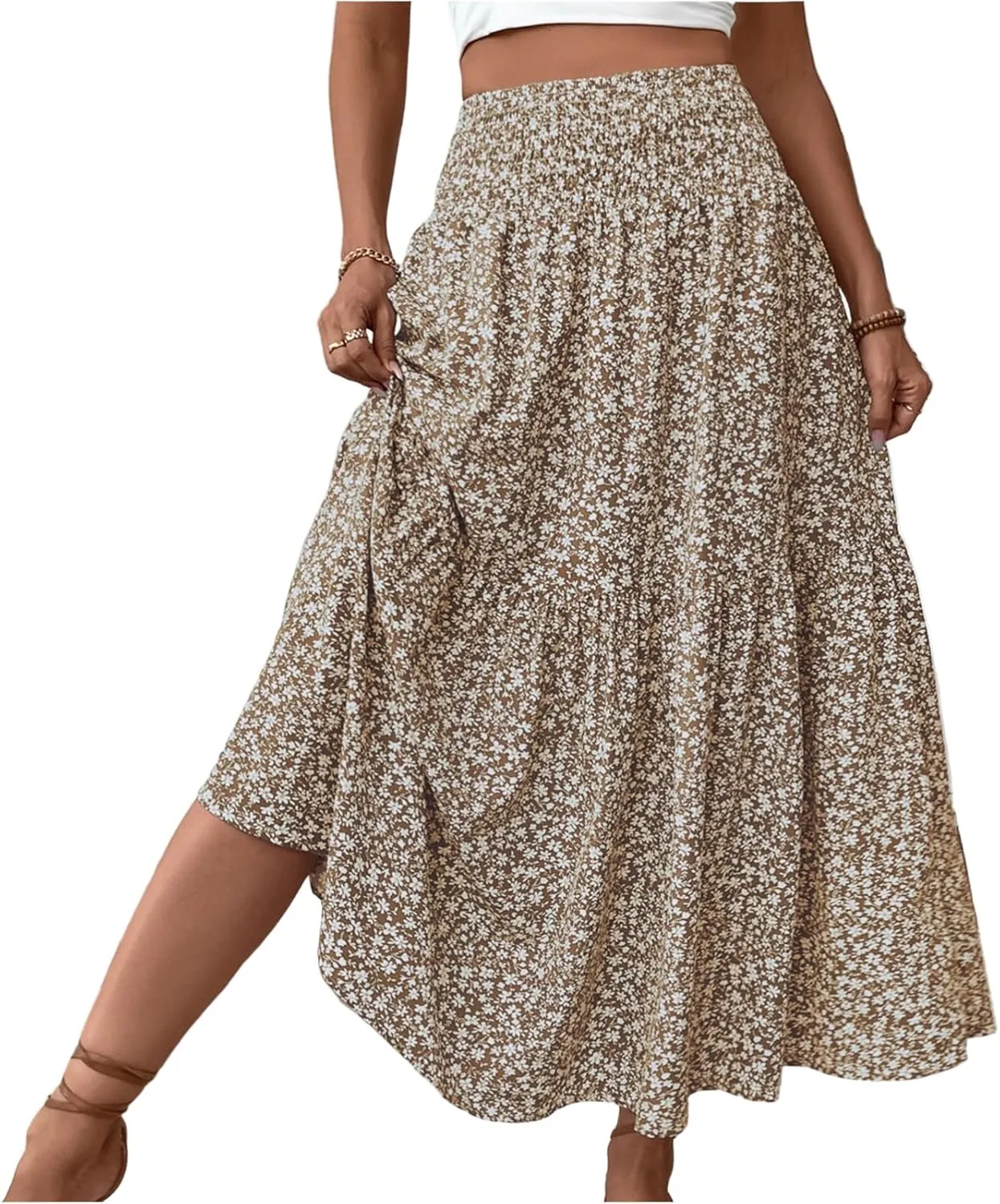 Womens Maxi Skirt Floral Boho Elastic High Waist Drawstring Pleated Beach Skirt A-Line Flowy Tiered Long Skirts