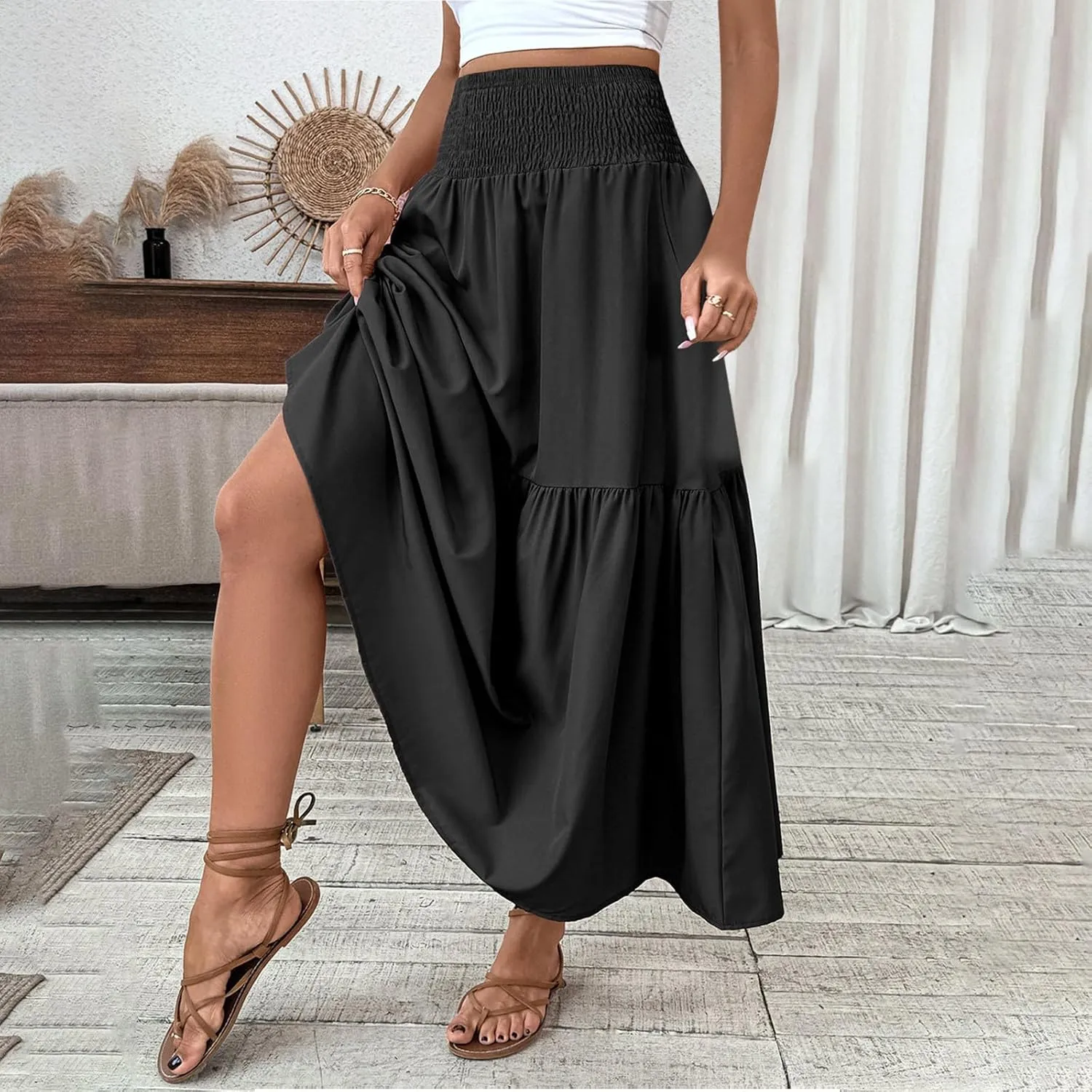 Womens Maxi Skirts Elastic High Waist A Line Flowy Long Skirts Summer Casual Layered Smocked Ruched Beach Skirt